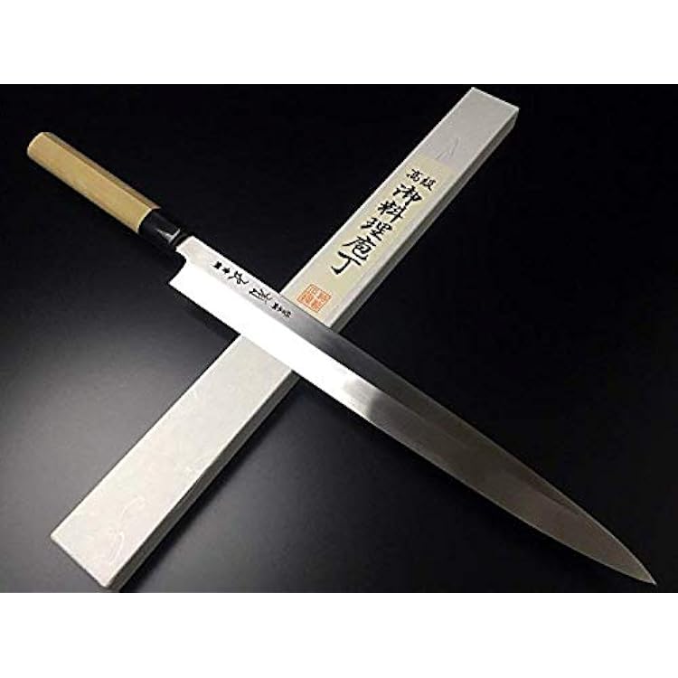 Japanese Chefs Knife ARITSUGU Blue Steel Honyaki Yanagi 360 mm 14.17 Engraved Name Saya