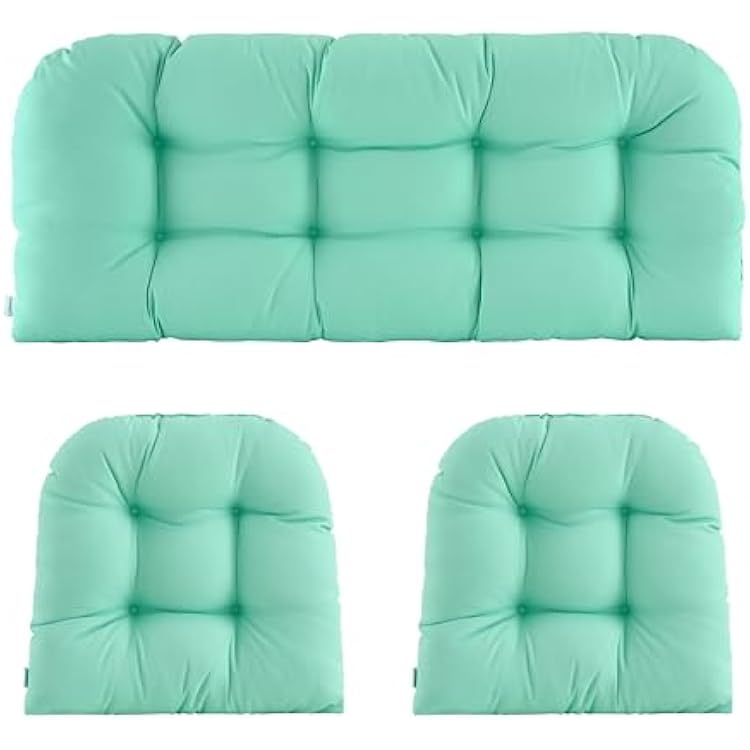 Wicker Chair Cushions of 3 Pieces Waterproof Tufted Outdoor Seat Cushions for Patio Furniture Sofa Settee Couch,1 Loveseat and 2 U-Shaped Cushions,Aqua Blue