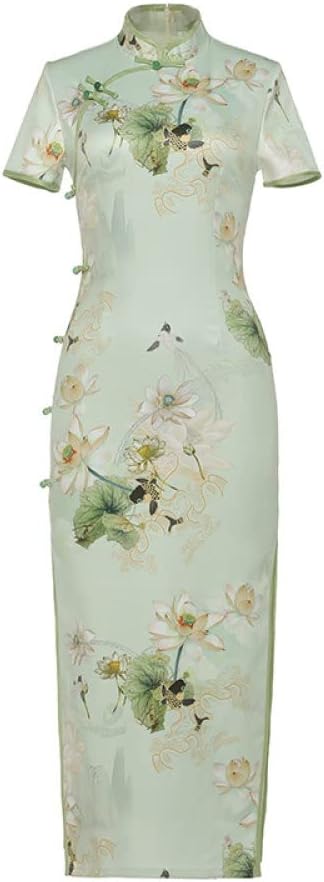 SWEPER Womens Chinese Dress - Summer Lotus Cheongsam Long Qipao Dresses Woman Modern Oriental Dress Traditional Chinese