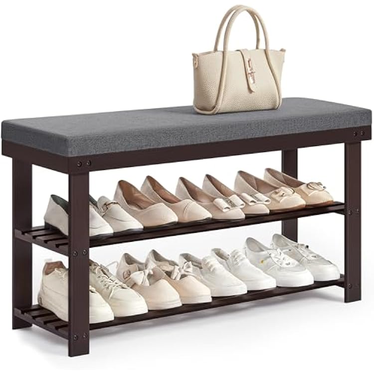 SONGMICS Bamboo Shoe Bench, 3-Tier Shoe Rack Organizer for Entryway, Living Room, Bench Seat Holds Up to 300 lb, 11.9 x 35.4 x 19.2 Inches, Rustic Walnut and Slate Gray ULBS904B32
