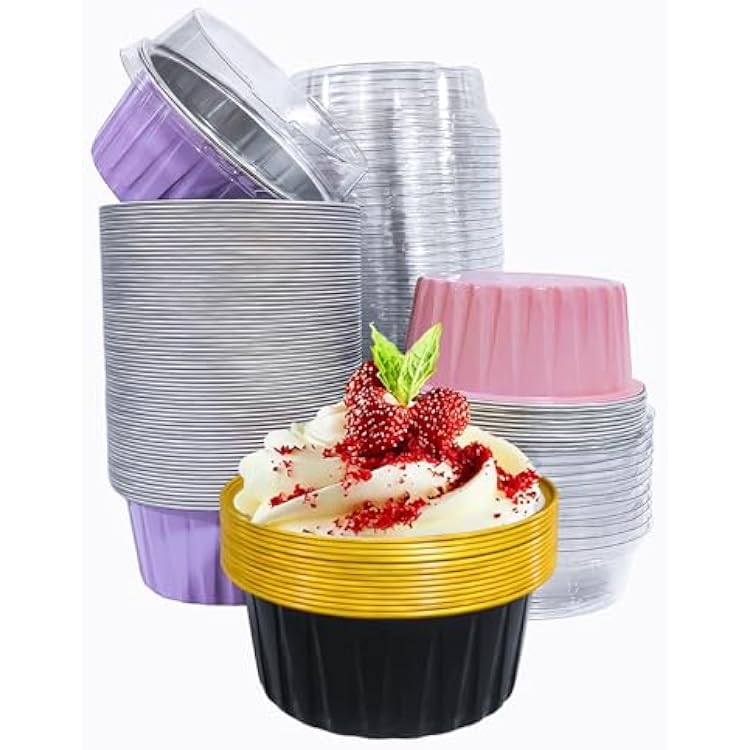 50PCS Mixed color Disposable Ramekins with lids,5oz Aluminium Foil Baking Cups Creme Brulee Mini cake pans, Cheesecake Pans Flan Molds Tin Cups Containers for Party Mixed color with Lids 50PCS