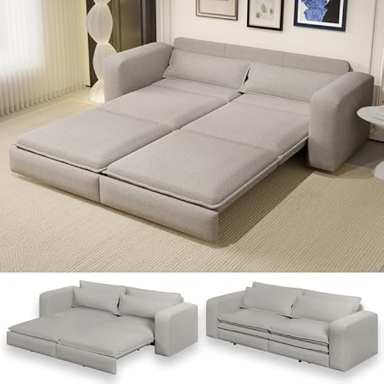 93 King Pull Out Sofa Bed, 3 in 1 Convertible Sleeper Sofa Couch, Comfy 3 Seater Sleeper Bed with 2 Pillows, Modern Upholstered Teddy Futon Couches for Living Room, Bedroom, Apartment, Grey