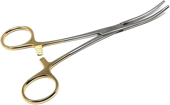 Rochester Carmalt Hemostatic Forceps with Cross Serrated Jaws and Longitudinal Grooves - Premium Stainless Steel - Self Locking Artery Hemostats 6.25 Inch (Gold Handle Curved)