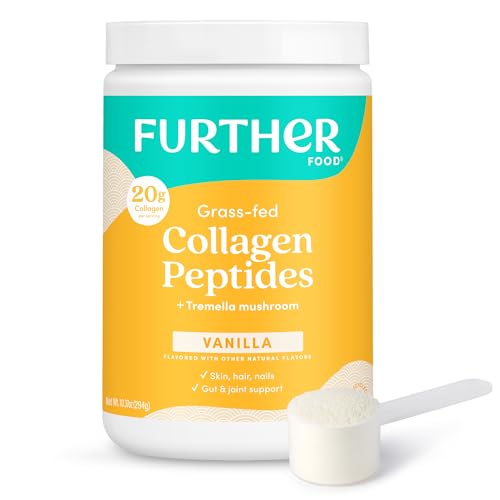 Further Food Vanilla Collagen Peptides Powder with Tremella Mushroom 100% Grass-Fed, Hydrolyzed Type 1 & 3, 20g of Collagen per Serving, Supports Skin, Hair, Nails & Joints, 10.37 Oz