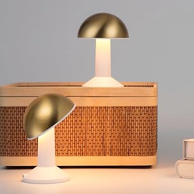 Tubicen 2 Pack Mushroom Lamp Cordless Gold Rechargeable Table Lamp 2000mAh Battery Powered Dining Bedside Lamp 55° Rotatable 4-Level Dimmable Ambient Mushroom Night Light