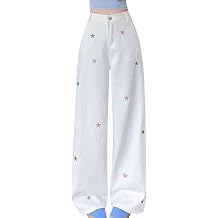 Women's Kawaii Casual Straight Leg High Waisted Jeans Y2K Fashion Cute Colorful Star Embroidered Denim Pants