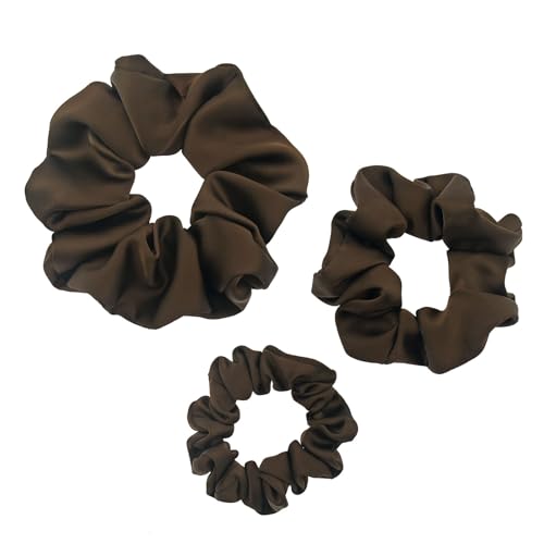 3 Pieces Satin Scrunchies Set for Hair No Crease Elastic Hair Ties for Women and Girls Dark Brown