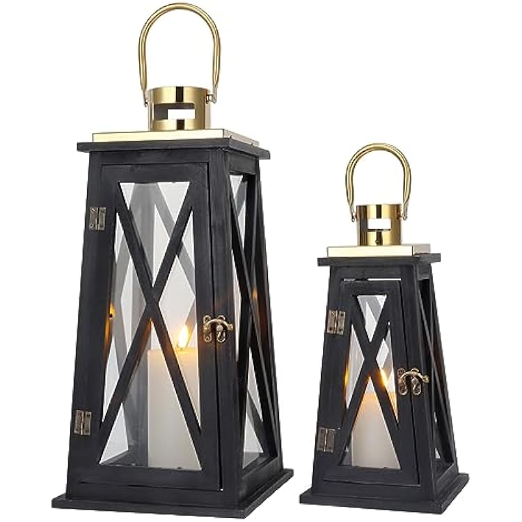 TRIROCKS Set of 2 Farmhouse Wood Candle Lantern 22 &15.5 H Decorative Candle Holders with Tempered Glass Rustic Hanging Lantern for Garden Patio Wedding Parties Indoor OutdoorBlack Trapezoid