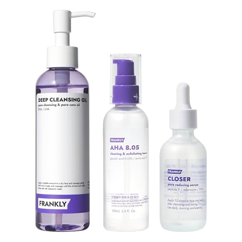 FRANKLY Ultimate Pore Care Set Jumbo Pore Cleansing Oil, Closer Serum, AHA 8.05% Toner | BHA & LHA Cleanser  Peptide Serum | Vegan Korean Skin Care | Skincare Gifts for Women