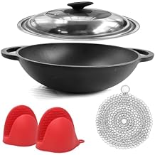 12 Inch Pre-Seasoned Cast Iron Skillet - Wok Round Bottomed Frying Pan with Assist Handles,Tempered Glass Lid, Cast Iron Scrubber,Silicone Oven Mitts for Stovetop,home baking (Steel Lid)