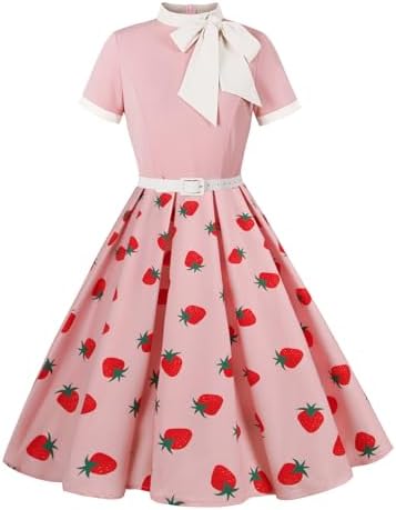 Women 1950s Vintage Floral Cocktail Swing Dress 50s Short Sleeve Audrey Hepburn Rockabilly Prom Dress A Line Tea Party Dress