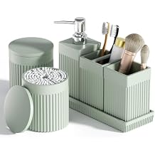 Bathroom Accessories Set, 6-Piece Resin Green Bathroom Set with Toothbrush Holders, Soap Dispenser, Vanity Tray, Tumbler, Cotton Swab Jars, Modern Bathroom Organizer for Small Spaces