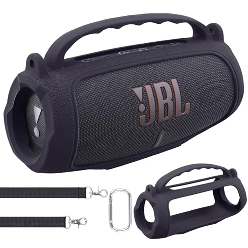 co2CREA Silicone Case for JBL Charge 5 Portable Waterproof Bluetooth Speaker, Portable Travel Soft Cover with Shoulder Strap, Protective Skin Case Black