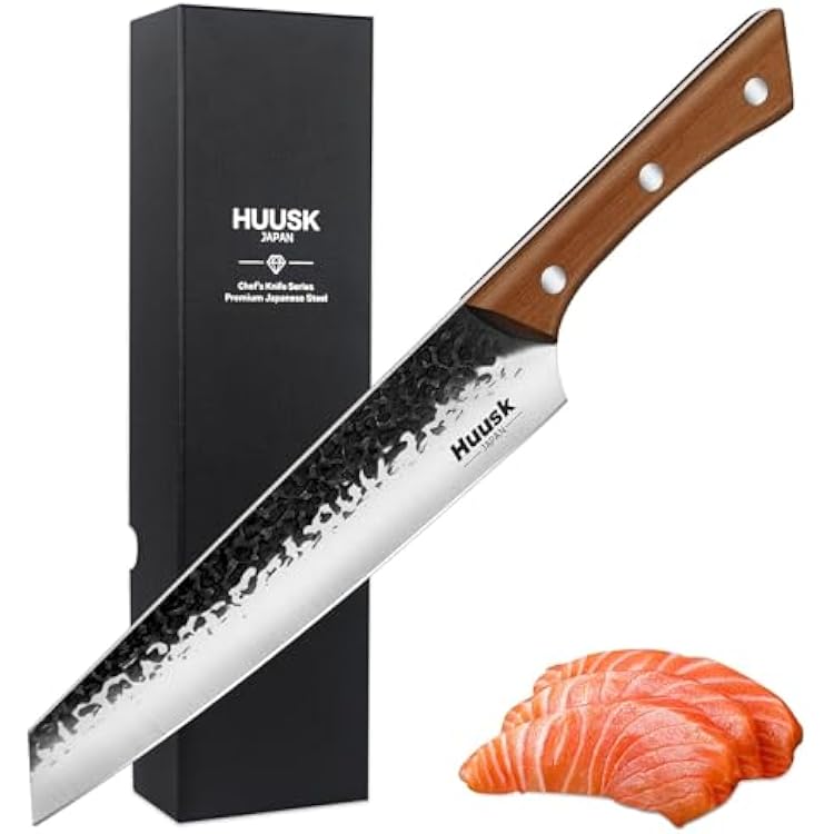 Huusk 8 Inch Kiritsuke Chef Knife,Hand-Forged High Carbon Steel Japanese Hand Forged Sushi Fish Knife,japanese chef knife with Ultra Sharp Blade for Meat, Fruits, Vegetables Cooking