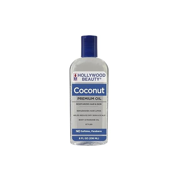Hollywood Beauty Coconut Hair Oil, 8oz Bottle, Moisturizes Hair & Skin, Replenishes Important Hair Lipids, Body & Massage Oil, Helps Releve Scalp Dryness, Reduces Dandruff