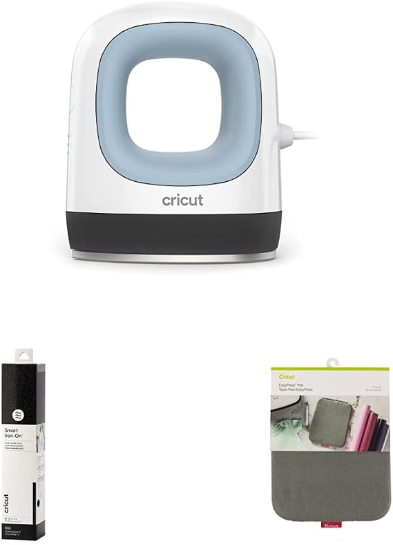 Cricut EasyPress Mini Heat Press (Zen Blue) - Iron On Starter Bundle, Includes Heat Press, Smart Iron On (Black Glitter, 9ft), Heat Press Mat, Machine Mat, Tool Set