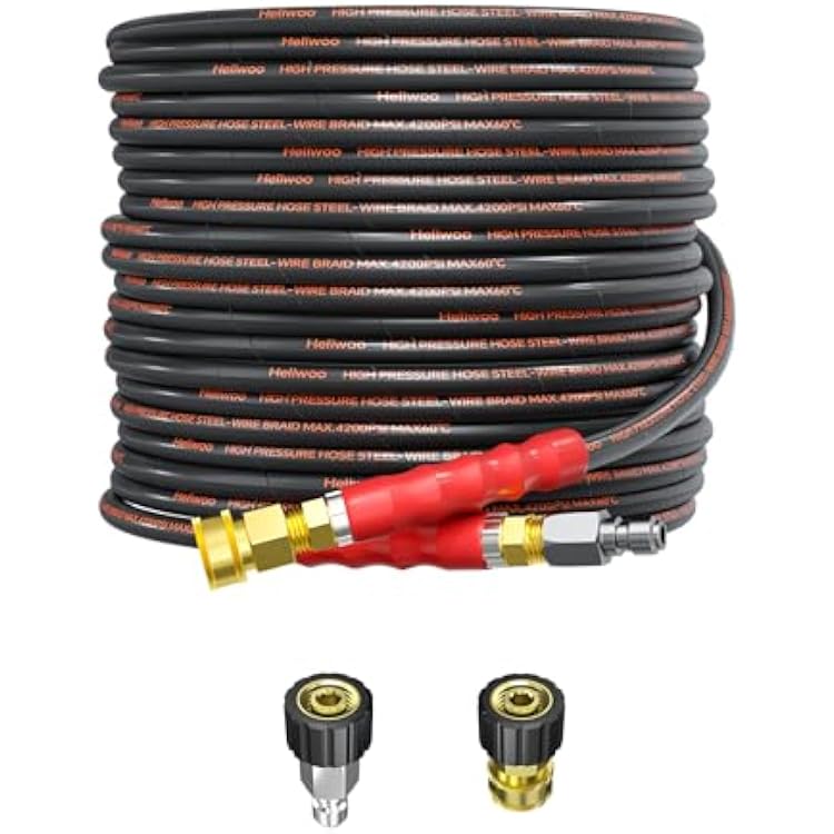 Pressure Washer Hose 50FT, 4200PSI Wire Braid Power Washer Extension Hose 14 Inch High Tensile, Flexible Kink Resistant Heavy Duty Replacement Hose with 38 Quick Connect