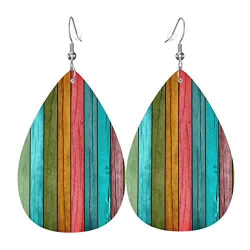 Vintage Wood Wooden Print Faux Leather Teardrop Earrings for Women Drop Dangle Earrings