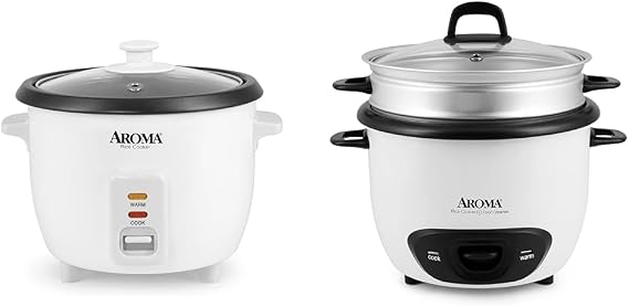 Aroma Housewares Aroma 6-cup (cooked) 1.5 Qt. One Touch Rice Cooker, White & 14-Cup (Cooked) (7-Cup UNCOOKED) Pot Style Rice Cooker and Food Steamer