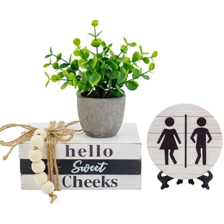 Bathroom Shelf Decor Signs, Book Stack and 3D Round Signs With Fake Plants, Funny Hello Sweet Cheeks Wooden Rustic Decor for Restroom Shelf Thanksgiving Christmas Gift Sweet Cheeks