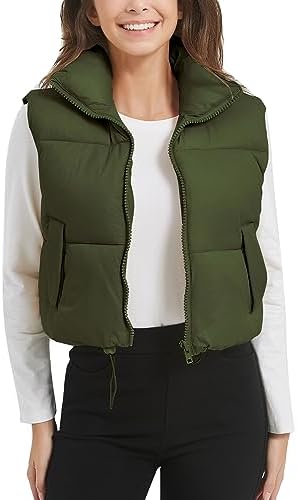 Flygo Puffer Vest Women Cropped Vest Zip Up Stand Collar Sleeveless Lightweight Winter Down Vests Jacket
