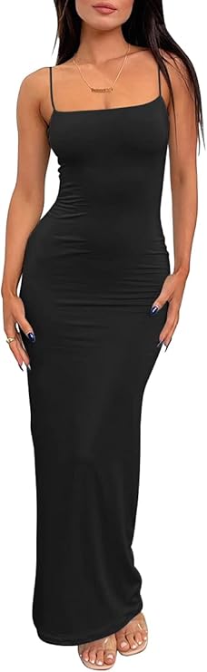 LILLUSORY Womens Summer Casual Slip Dresses Double Lined Bodycon Maxi Dress | Spaghetti Strap Backless Sleeveless Long Dress, Beach Vacation Spring Outfits, Easy Layering Piece, Elegant Cocktail Wear