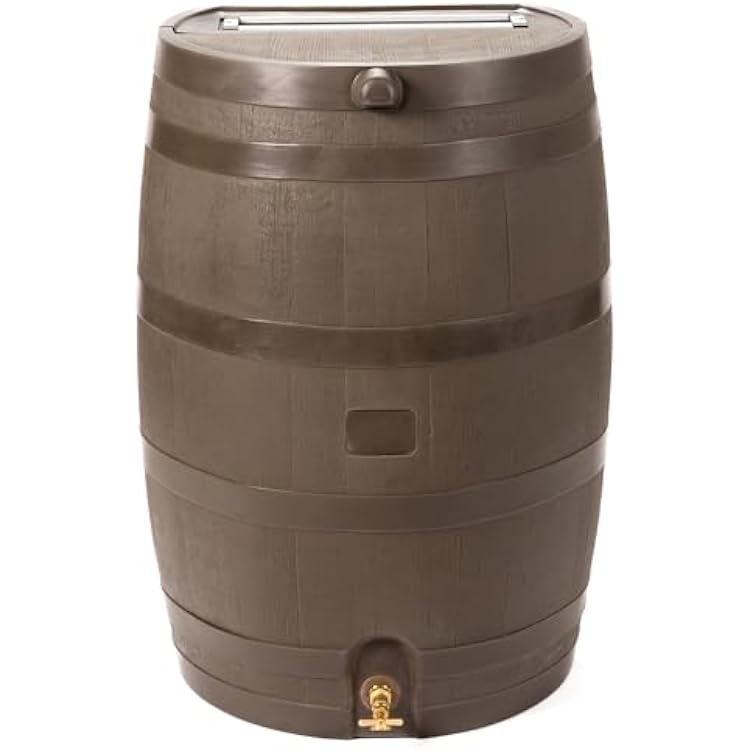 RTS Home Accents 50-Gallon Rain Barrel with Brass Spigot, Flat Back Rain Water Collection Barrel, Walnut Color