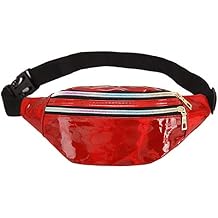 Fanny Pack Shiny Holographic Rave PVC Waterproof Reflective Belt Bag,Waterproof Neon Waist Bags Adjustable for Women Man,Unisex Bum Bag Purse Chest Hip Crossbody Bag (Red)