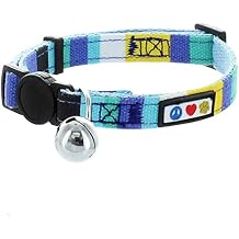 Pawtitas Multicolor Cat Collar Blue/White/Yellow/Teal with Safety Buckle and Removable Bell for Cats and Kittens