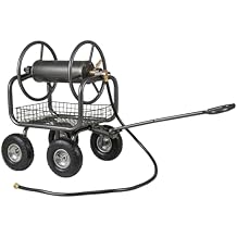 ERGOMASTER Garden Hose Reel Cart,Holds 300FT 5/8" or 350FT 1/2" Hose,10" Solid Tires, Foam Handle, Storage Basket for Yard, Lawn, Black