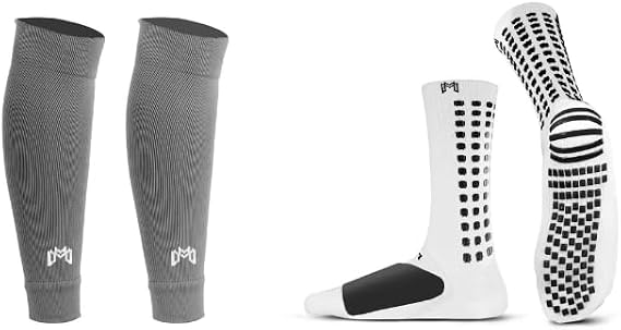 MediCaptain Protective Soccer Grip Sock + Pre Cut Sock Sleeve Bundle Pack (White Sock + Gray Sleeve)