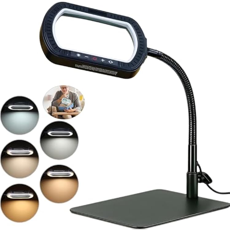 eSynic Magnifying Glass with Light and Stand USB-C Rechargeable 5X &10X 110mm Large Len 15 LEDs 3 Brightness Levels Flexible Desktop Magnifier Lamp with Clamp & Base for Reading Black-Glass Lense