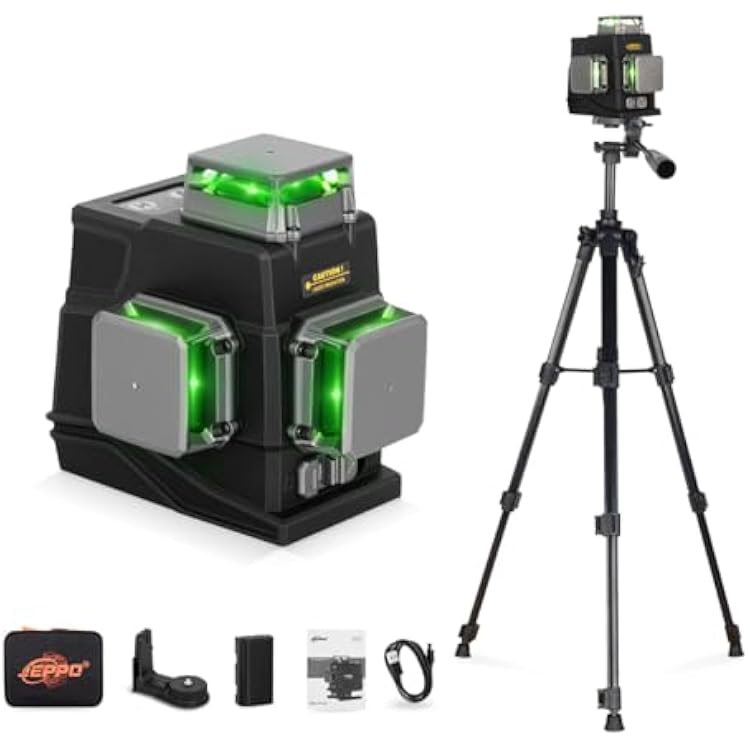 JEPPO Laser Level with Tripod,3D Green Laser Level 3x360 Self Leveling,12 Line Lazer Leveler Tool for Construction,Picture Hanging,APP Remote Control,Rechargeable Battery,Magnetic Rotating Stand