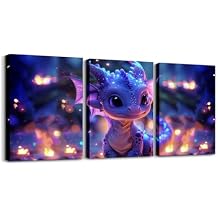 3D Cartoon Dragon 3 Piece Canvas Wall Art for Living Room,Purple Magical Animal Pictures Decorations for Bedroom,Glittering Neon Lights Wall Painting Dining Room Decor