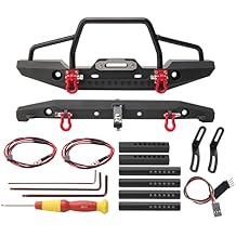 110 RC Metal Front and Rear Bumper Combo WLED Lights Tow Shackles Winch Mount Seat Trailer Hitch for TRX4 SCX10 II 90046 Rock Crawler Truck
