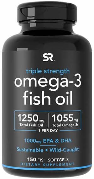 Sports Research Triple Strength Omega 3 Fish Oil - Burpless Fish Oil Supplement w/EPA & DHA Fatty Acids from Wild Caught Fish - Heart, Brain & Immune Support for Men & Women - 1250 mg, 150 ct