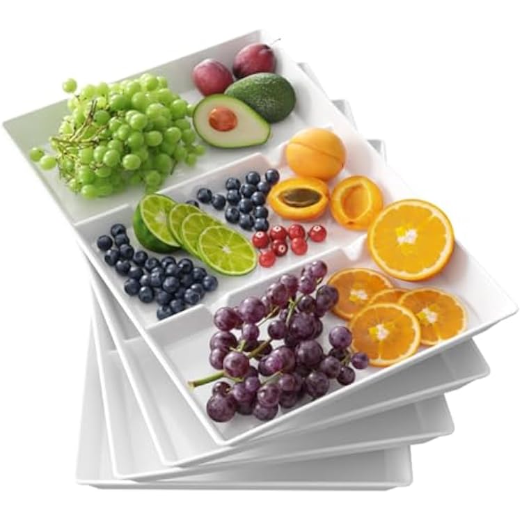 Lifewit Serving Tray Divided for Party Supplies, 4 PCS 15 x 10 Plastic Platters for Serving Food, White Reusable Tray for Veggie, Snack, Fruit, Cookies, Desserts in KitchenPantry