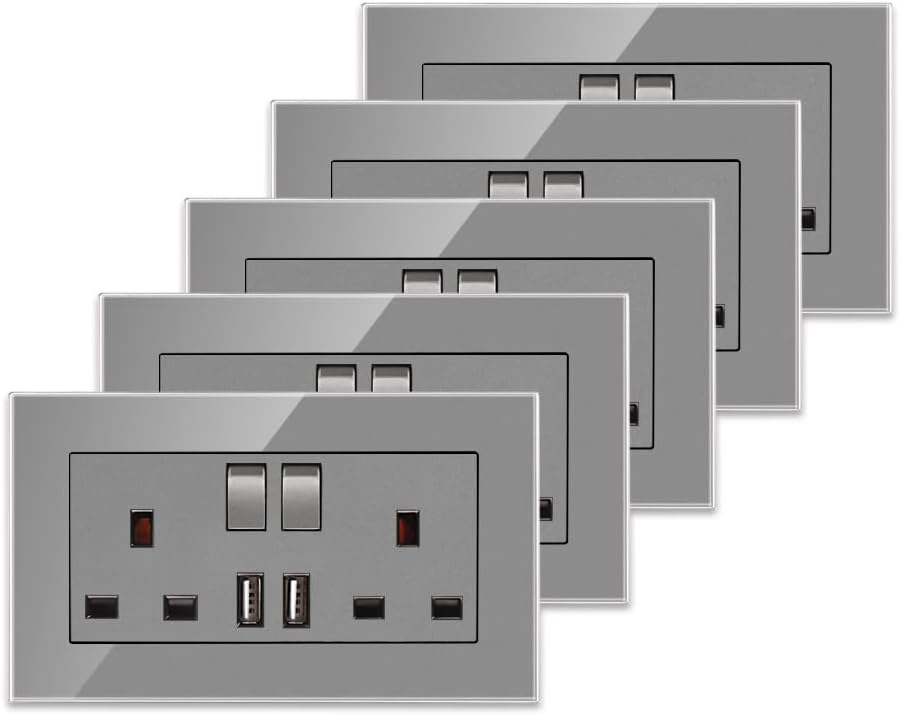 5 Pack CNBINGO Double Switched Socket, 13 Amp Electric Power Socket, Tempered Glass Wall Panel Outlet