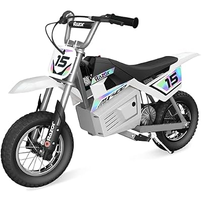 Razor MX400 Dirt Rocket Electric Bike for Kids Ages 8, 140 lb Max Weight, White 24V Battery, Up to 14 Mph, 30-Min Ride Time on High Speed, Twist-Grip Throttle, Spoked Wheels w 12 Pneumatic Tires