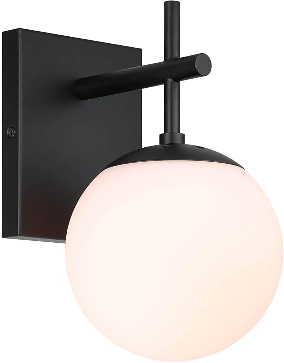 XiNBEi Lighting Globe Wall Lights Indoor with White Glass, Matte Black | Wall Lighting Fixtures, Transitional Design, Hardwired, E27 Socket, Bathroom Sconces for Living Room Bedroom Hallway Loft [Energy Class A]