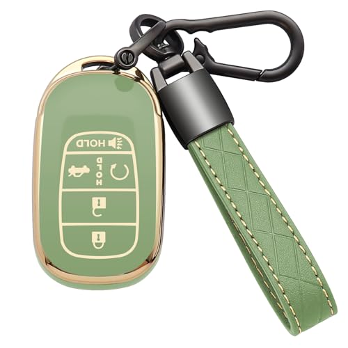 for Honda Key Fob Cover 5 Button Soft TPU with Leather Keychain 360 Degree Protection Key Case Shell Holder Fits for 2022 2023 2024 Honda Accord Civic HR-V CR-V Pilot Odyssey, A Green