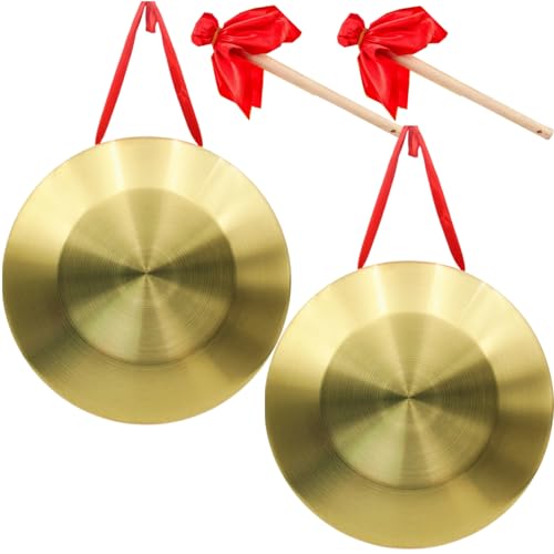 2 Pack Gong Instrument, 12.6 Inch Chinese Traditional Percussion Instrument Copper Gong for Celebration, Party, Festivals Office with Beater and Red Hanging Ribbon