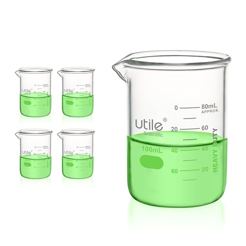 Utile 100ml Beaker Set, 4pcs of 3.4oz Upgraded Thickening Glass Beakers, Low Form Chemical Lab Beakers, Borosilicate 3.3 Glass with Printed Graduation, 4000.0100.4