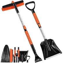 Odoland Ice Scraper with Snow Brush and Snow Shovel, 35" Extendable Snow Remover with Foam Grip, 360 Pivoting Brush Head for Car Windshield, Emergency Snow Scraper for SUV Truck Vehicle, Orange