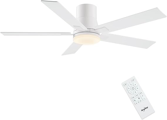 Newday 48” Flush Mount White Ceiling Fan with 5 Blades and Remote Control | Quiet DC Motor, 2 Color Blade, Stepless Dimmable LED 24W, 7 Speed Mode, Memory Function for Bedroom, Living Room [Energy Class E]