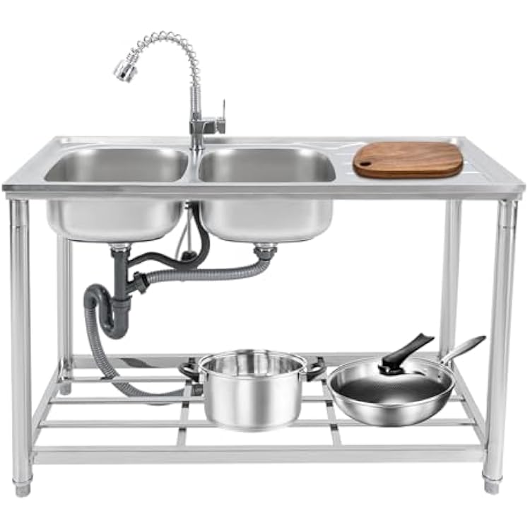 Stainless Steel Sink, Commercial Restaurant Kitchen Sink, Freestanding Double Bowl Sink Set with Worktop and Faucet for Indoor and Outdoor