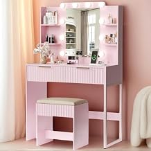 Spaco Fluted Makeup Vanity Desk with Mirror and Led Lights,Modern Vanity Table with 2 Drawers & 4 Storage Shelves,Dressing Table with Power Strip for Makeup Room.(Pink, 2 Drawer)