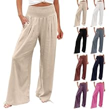 Gumipy Cotton Linen Pants Women Summer Soft Baggy Palazzo Wide Leg Pants Cropped Lightweight Smocked High Waist Trouser Pant