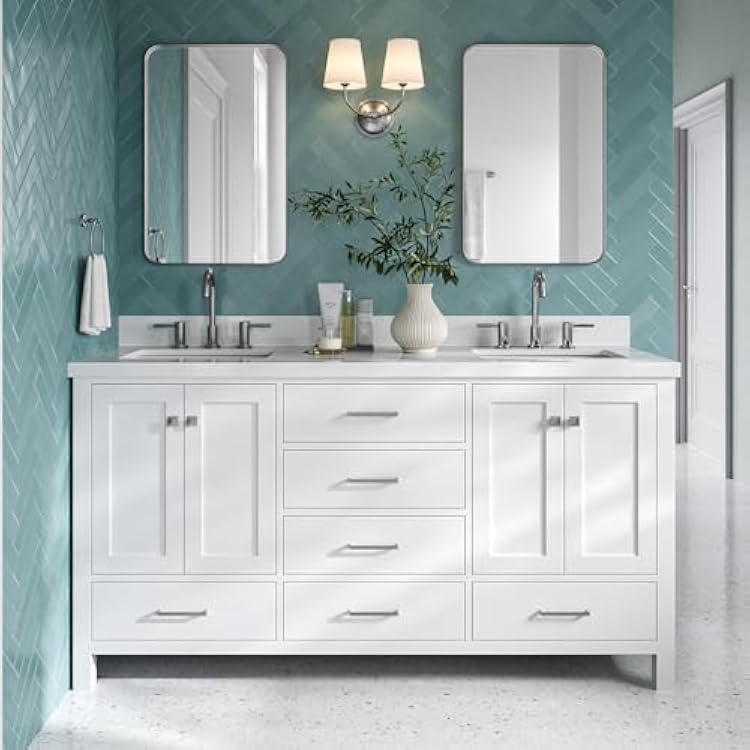 DKB Beckford 66 White Double Bathroom Vanity, 1.5 Edge Pure White Quartz Countertop, 2 Rectangular Undermount Sinks, 4 Soft Closing Doors, 6 Dovetail Drawers