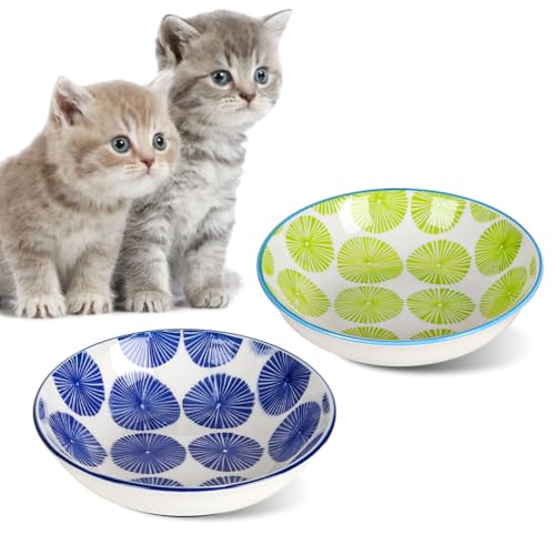HAPPY KIT 2pcs Little Cat Bowls,5.7 inch Food Bowl for Indoor Cats,Ceramic Wide Shallow Bowl for Relief Whisker Friendly,8.5oz Cats DishDishes with Non-Slip Mat, 2 Stamen